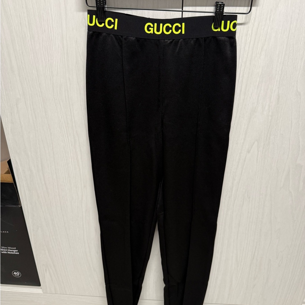 Gucci Black Trousers with Vibrant Yellow Logo Band